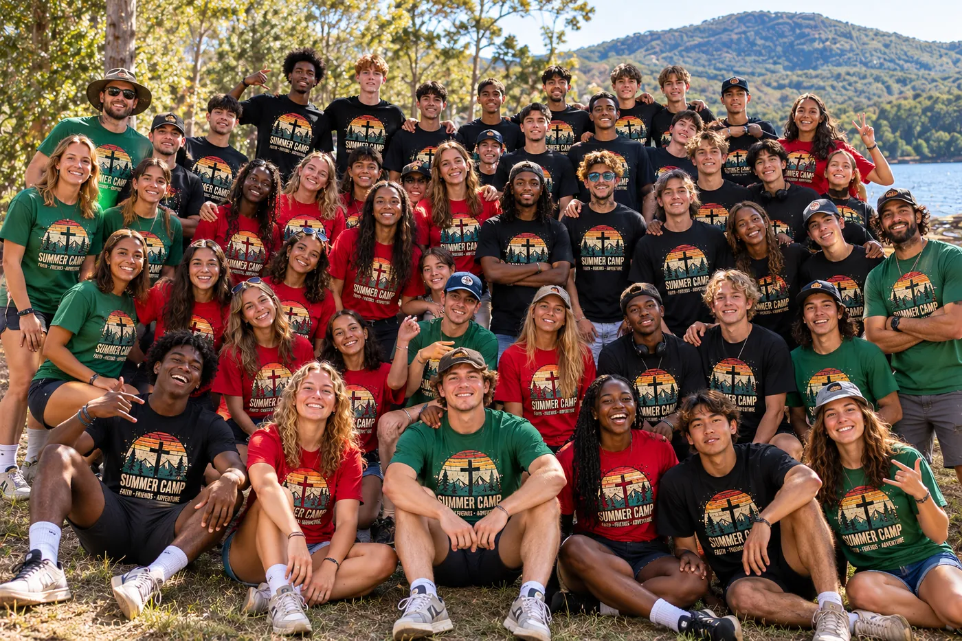 A summer camp group wearing matching printed tees